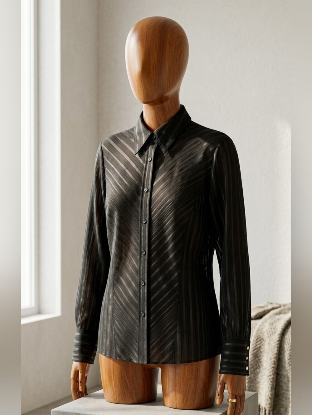 Marks & Spencer Black Sheer Shadow Stripe Chevron Button Down Blouse